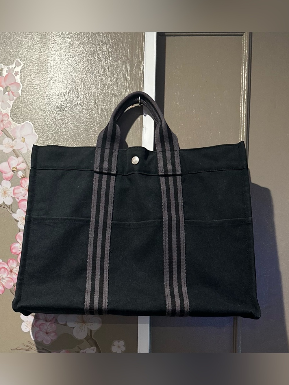 Hermes Fourre Tout Canvas Tote Bag Handbag Satchel Black Grey
